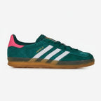 Adidas Originals Gazelle Indoor shoe in a Collegiate Green, white, and pink colorway