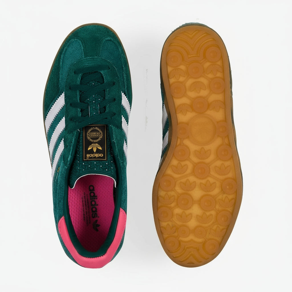 Adidas Originals Gazelle Indoor shoe in a Collegiate Green, white, and pink colorway