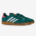 Adidas Originals Gazelle Indoor shoe in a Collegiate Green, white, and pink colorway