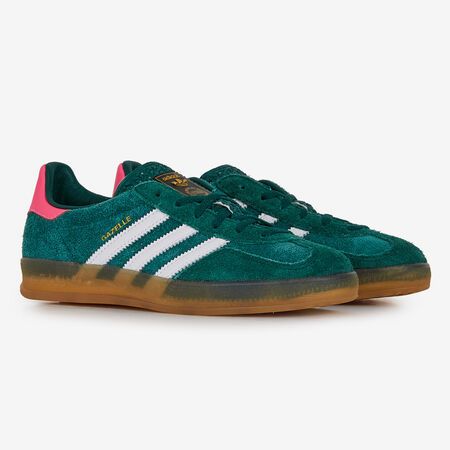 Adidas Originals Gazelle Indoor shoe in a Collegiate Green, white, and pink colorway