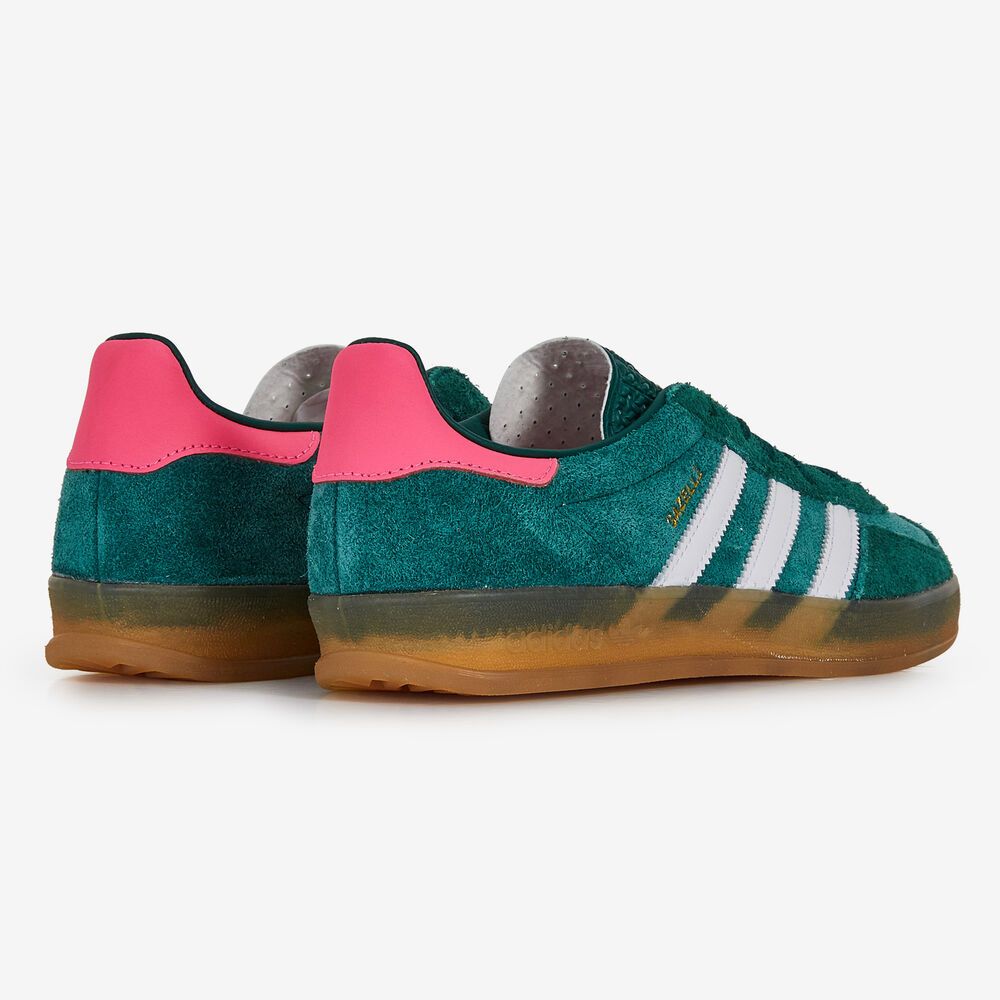 Adidas Originals Gazelle Indoor shoe in a Collegiate Green, white, and pink colorway